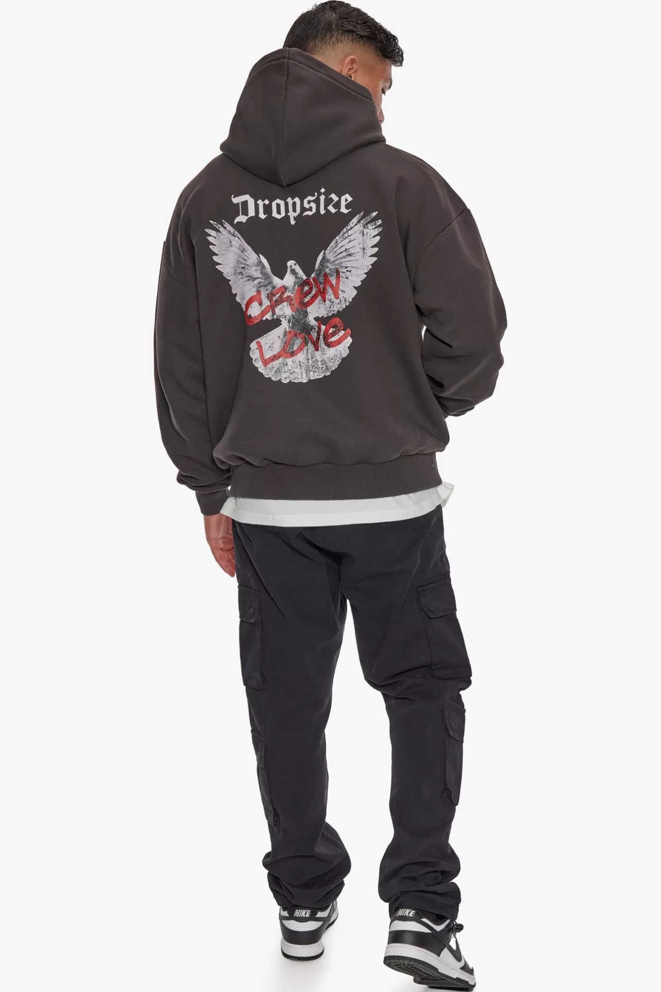 Dropsize HEAVY OVERSIZE CREW LOVE DOVE HOODIE WASHED BLACK* Hoodie