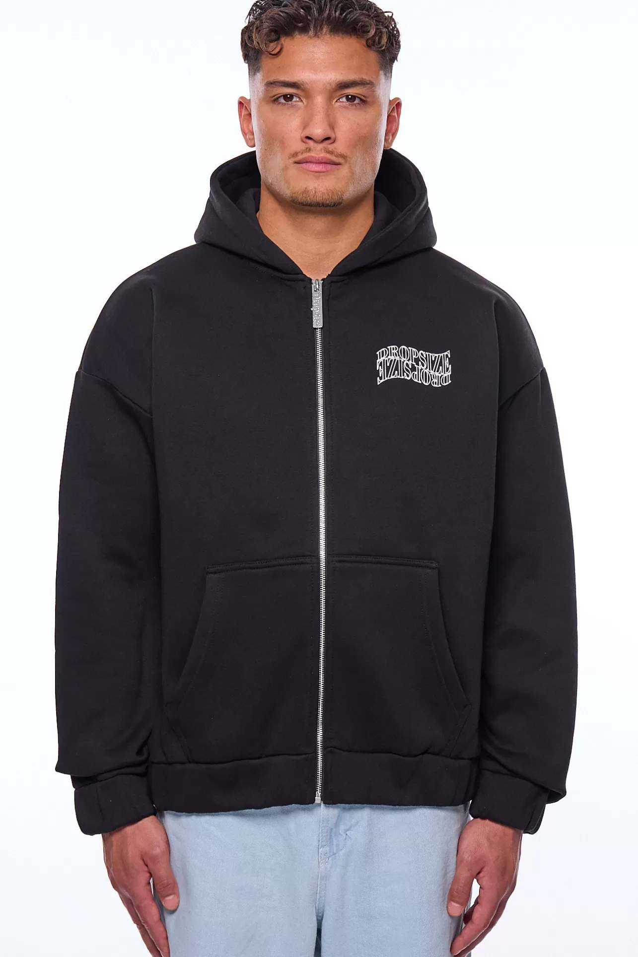 Dropsize HEAVY OVERSIZE MIRRORED LOGO ZIP-HOODIE BLACK* Zips