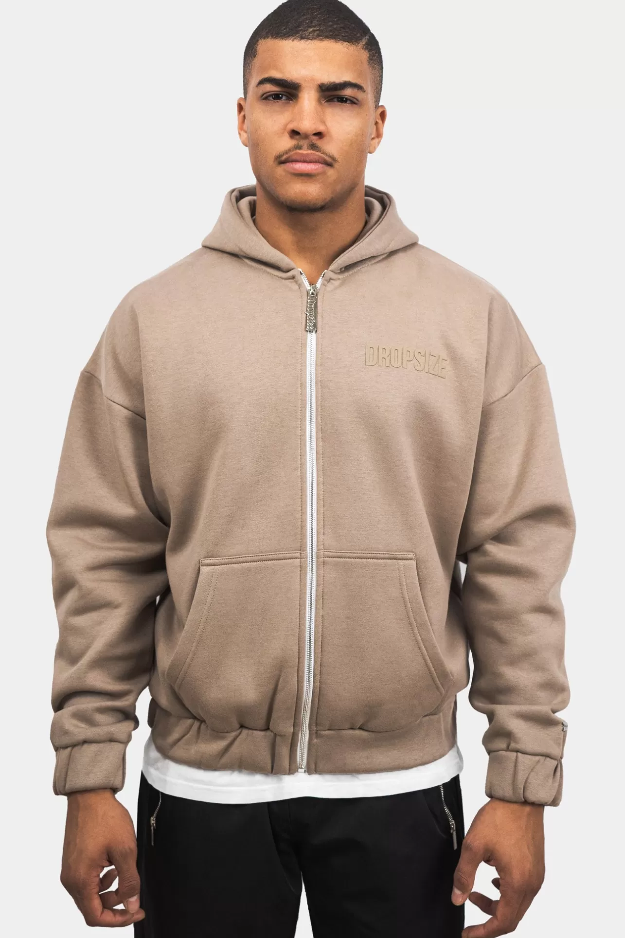 Dropsize SUPER HEAVY OVERSIZE HD PRINT ZIP HOODIE SILVER MINK* Zips